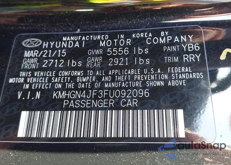 2015 Hyundai Genesis 5.0 z USA, uszkodzony, nr VIN KMHGN4JF3FU092096